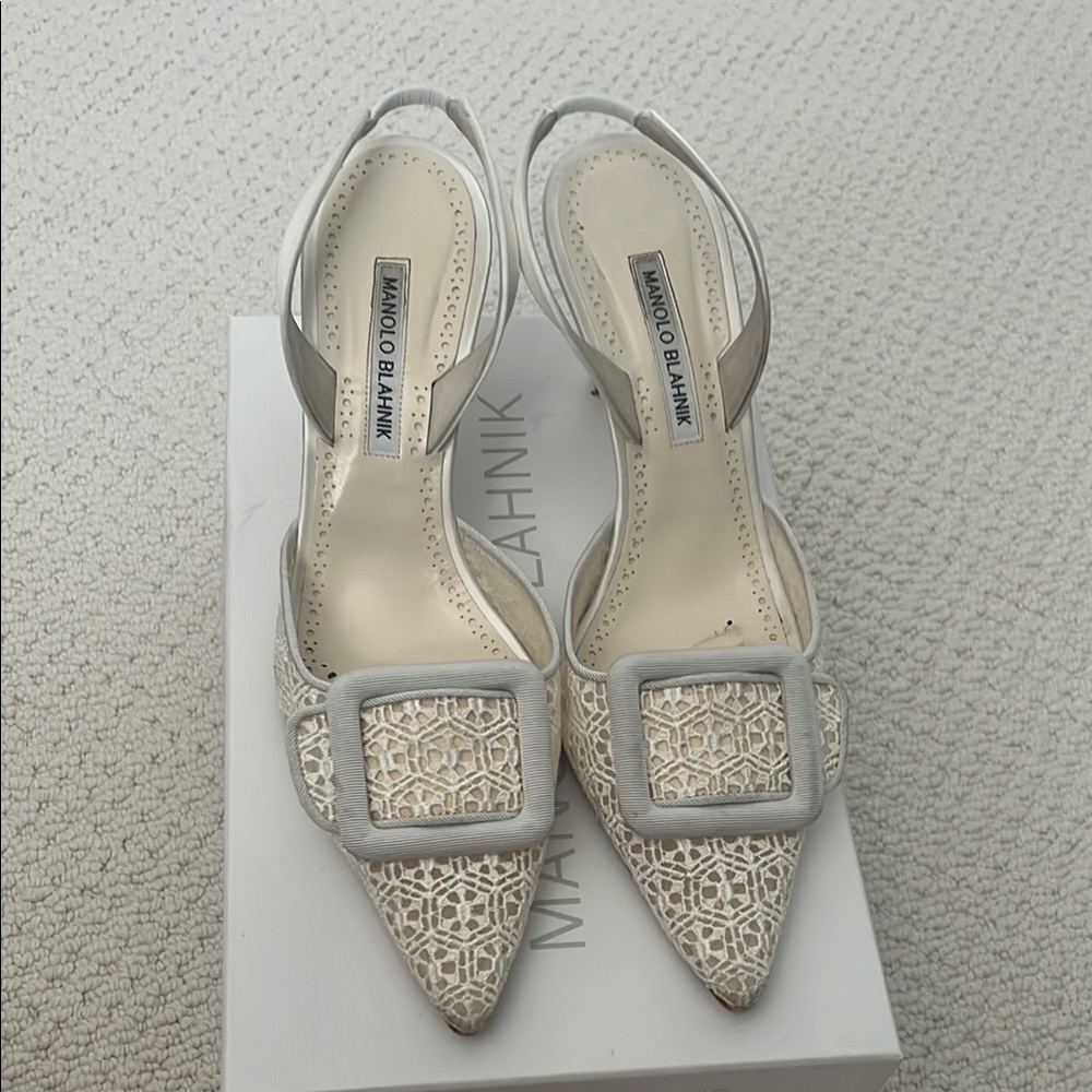 Manolo Blahnik Cream Heels with Crystal Embellishments